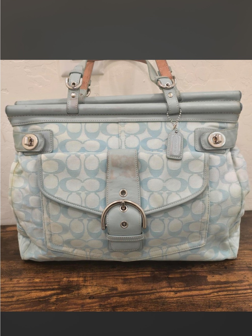 Coach Light Blue Signature Tote with Front Pocket